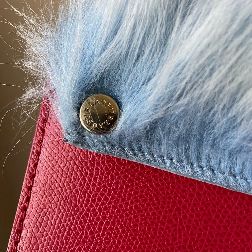 Furla metropolis small pink leather and blue faux fur bag